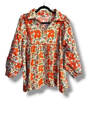 🍁 ChicSoul 2X Floral Babydoll Top Ruffle Trim Cotton Boho Blouse